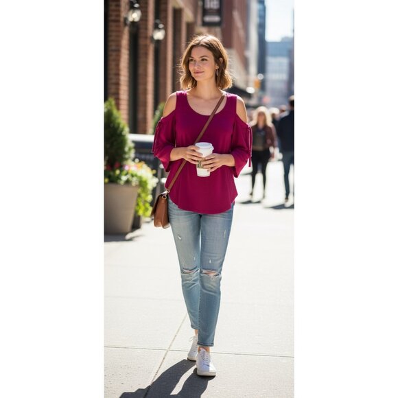 Express Tops - Express Tie Sleeve Cold Shoulder Tee Top Berry Pink M